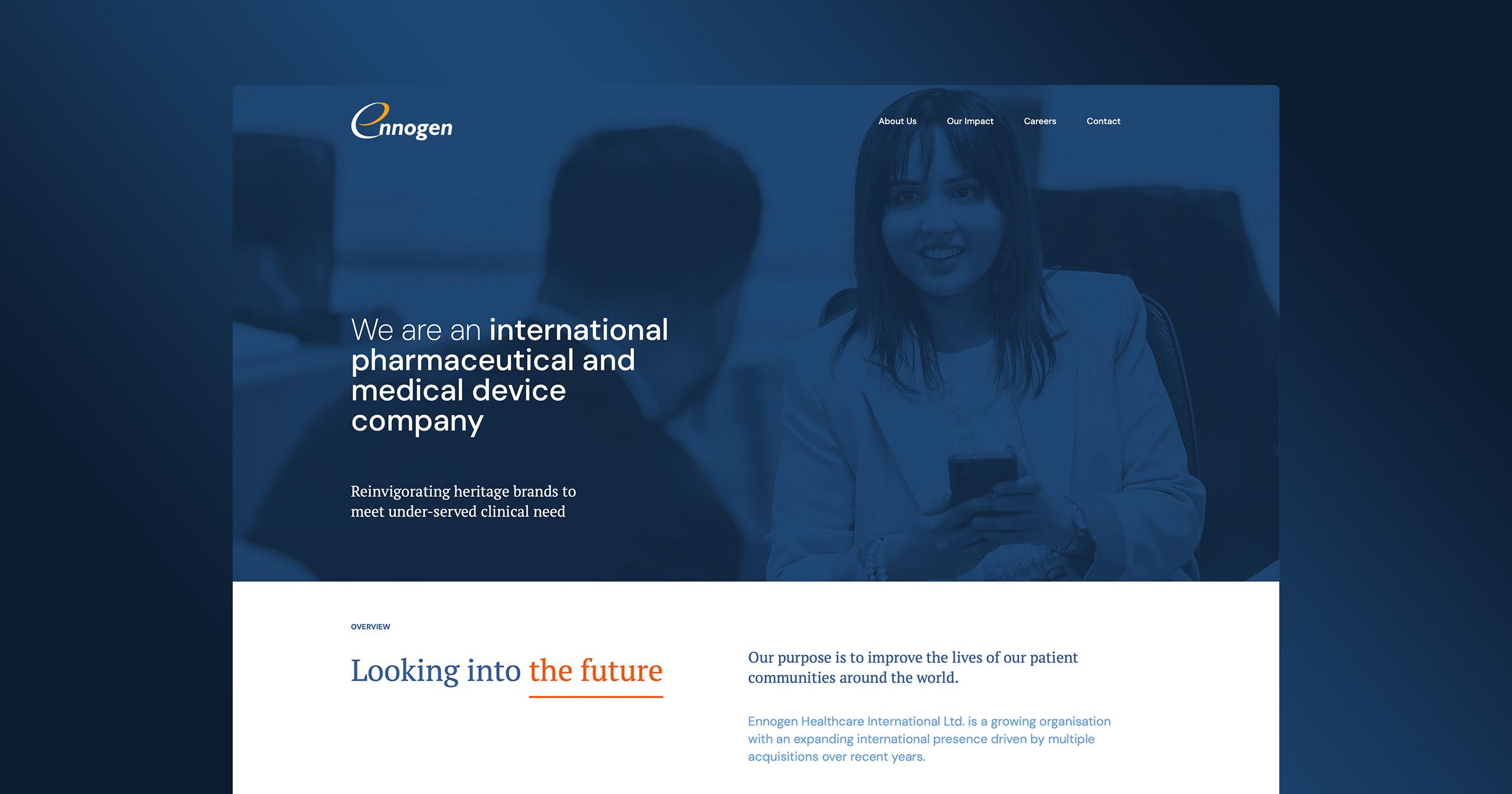 Homepage of Ennogen's new website focusing on user experience and sustainability in pharmaceuticals.