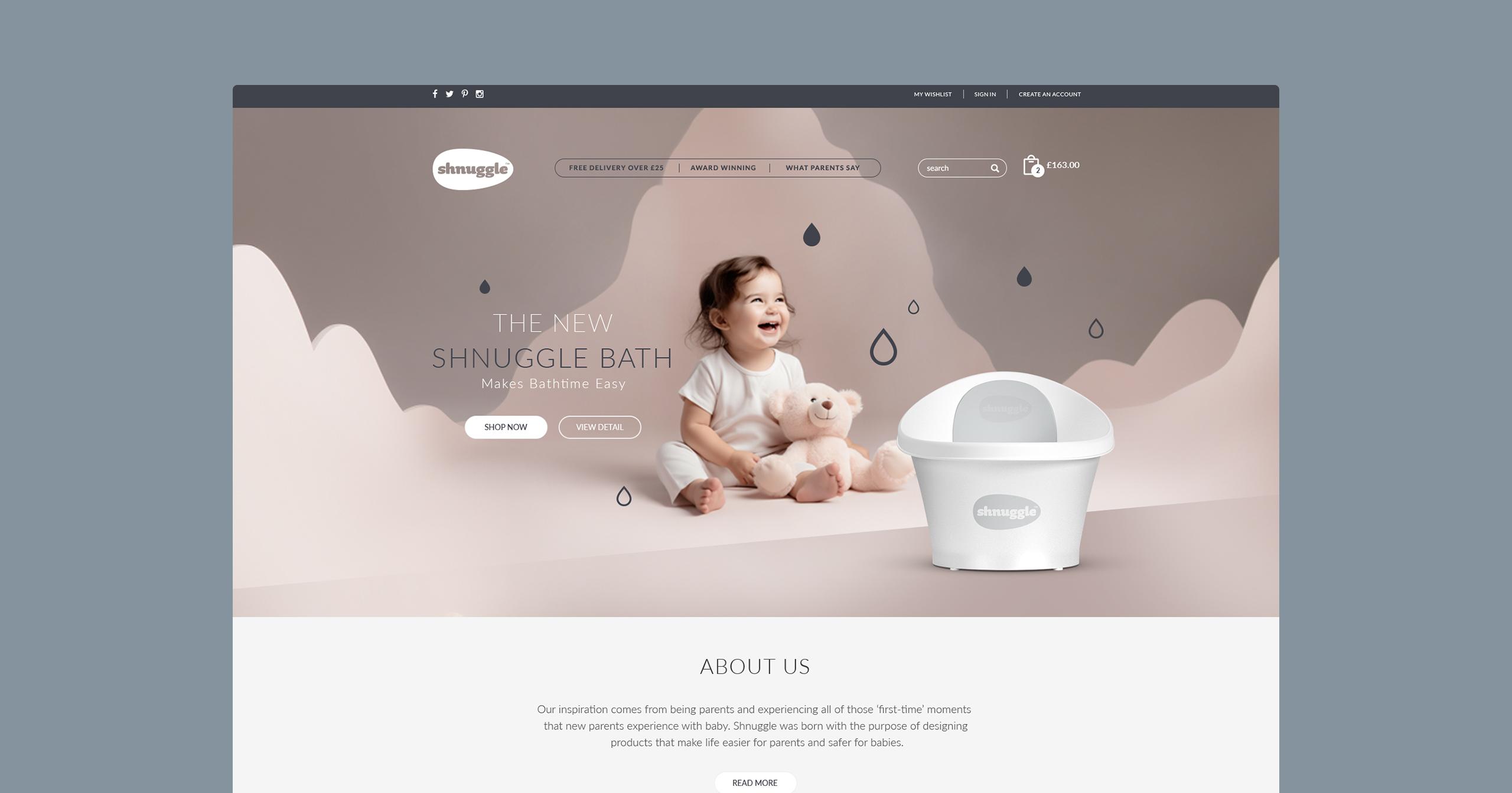 Overview of Shnuggle’s e-commerce site, featuring custom web design and UX/UI optimisation