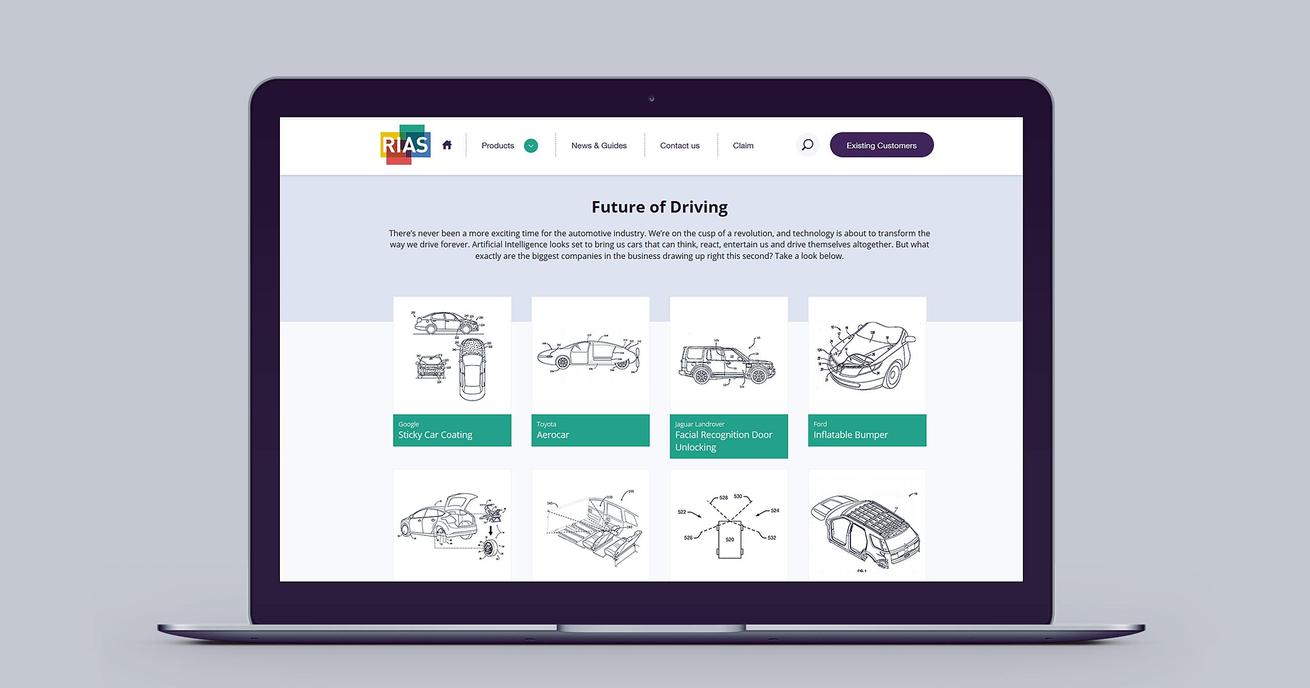 Insurance campaign landing page showing patent drawings