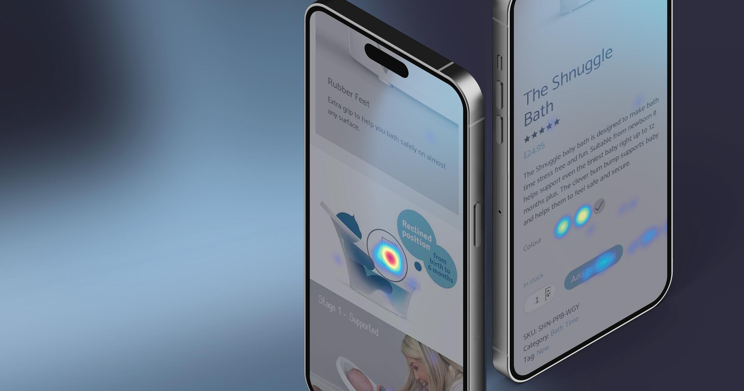 Two phones displaying an e-commerce website heatmap showing user interaction