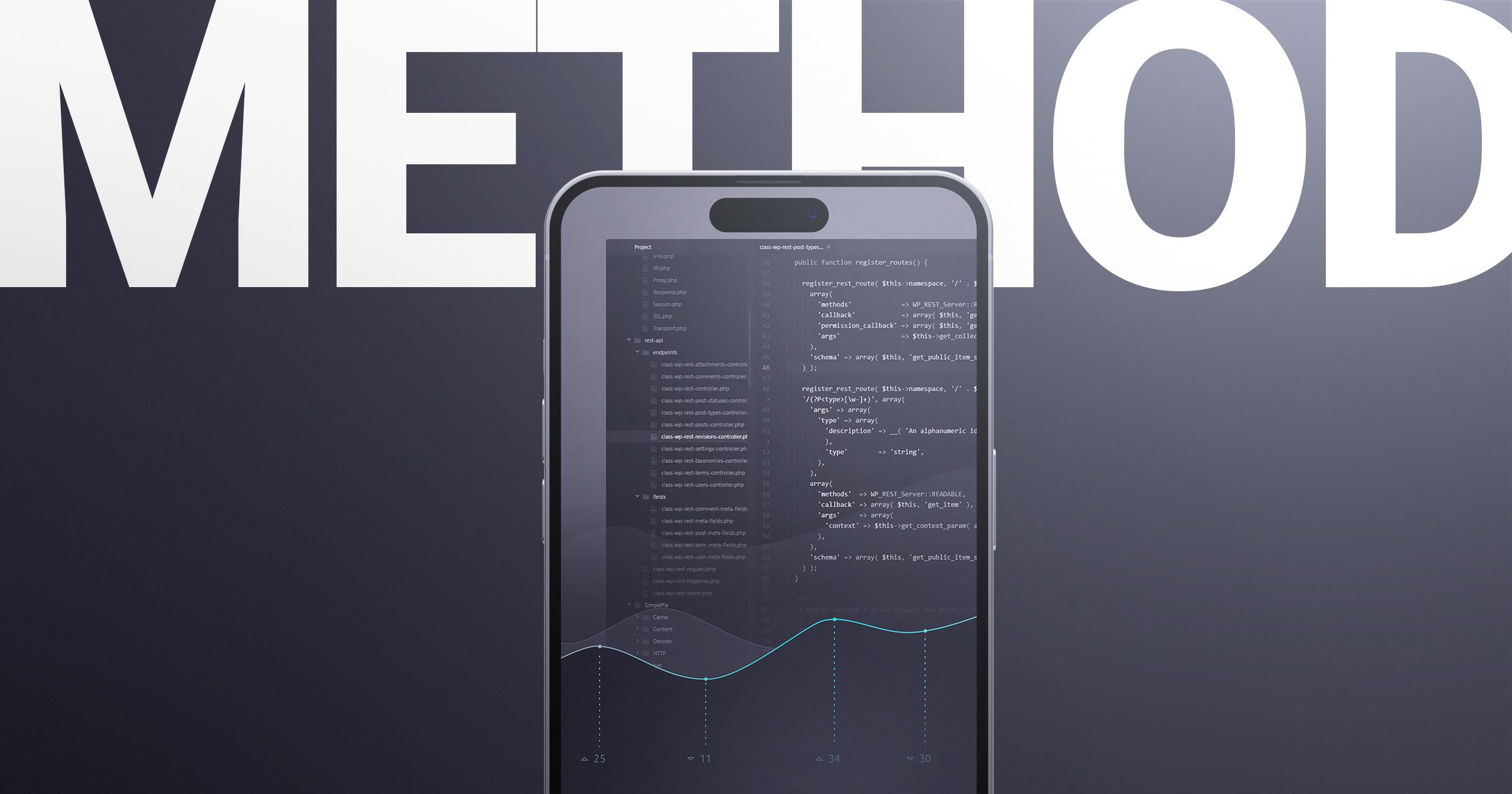 Phone screen with code and graph featuring oversized text Method in the background representing backend UX optimisation